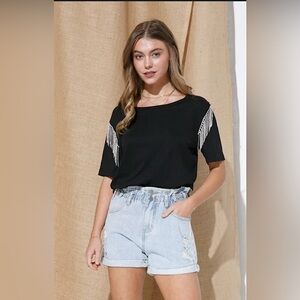 Joie Womens Black Rhinestone Embellished Shoulder Short Sleeve Shirt Size Small